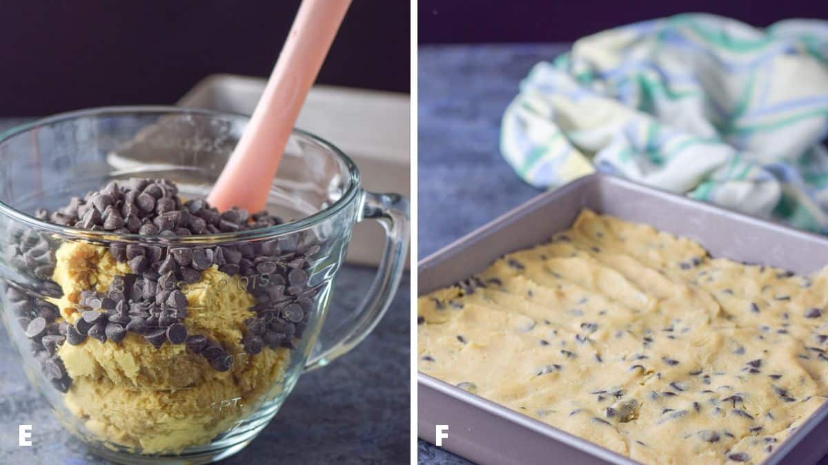 Chocolate chips mixed in batter and then pressed in a square pan