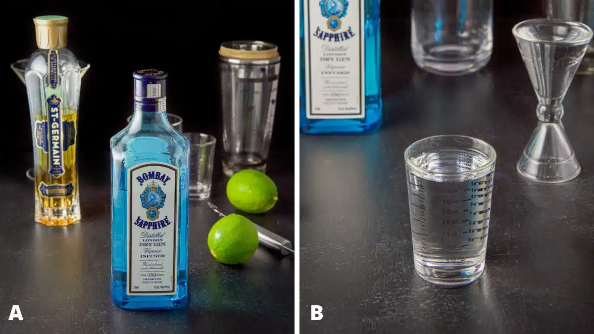 Left - Gin, st. germain liqueur, and lime with a shaker. Right - gin measured out