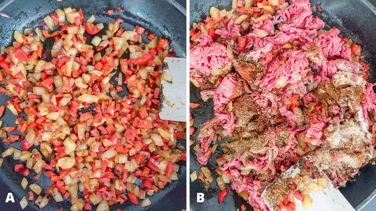 Left - diced onions, red bell pepper, and garlic saut&eacute;ed. Right - ground beef, herbs, and spices added