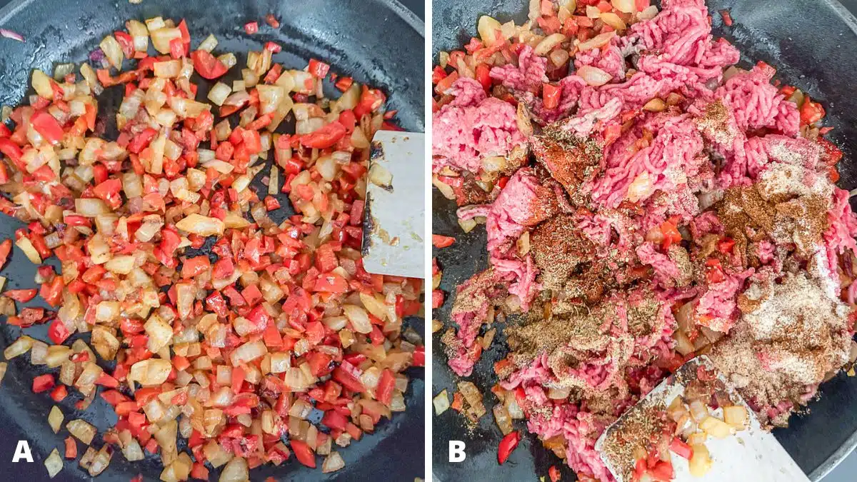 Left - diced onions, red bell pepper, and garlic sautéed. Right - ground beef, herbs, and spices added