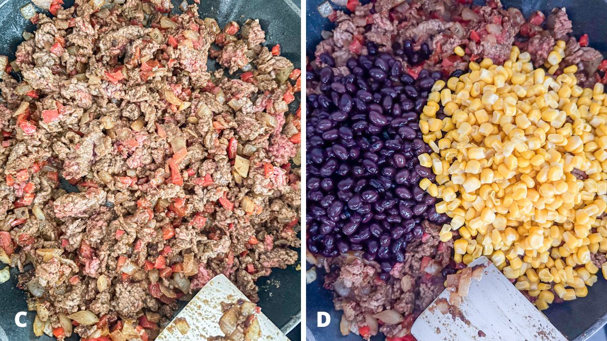 Left - ground beef mostly browned in the pan. Right - black beans and corn added to the beef