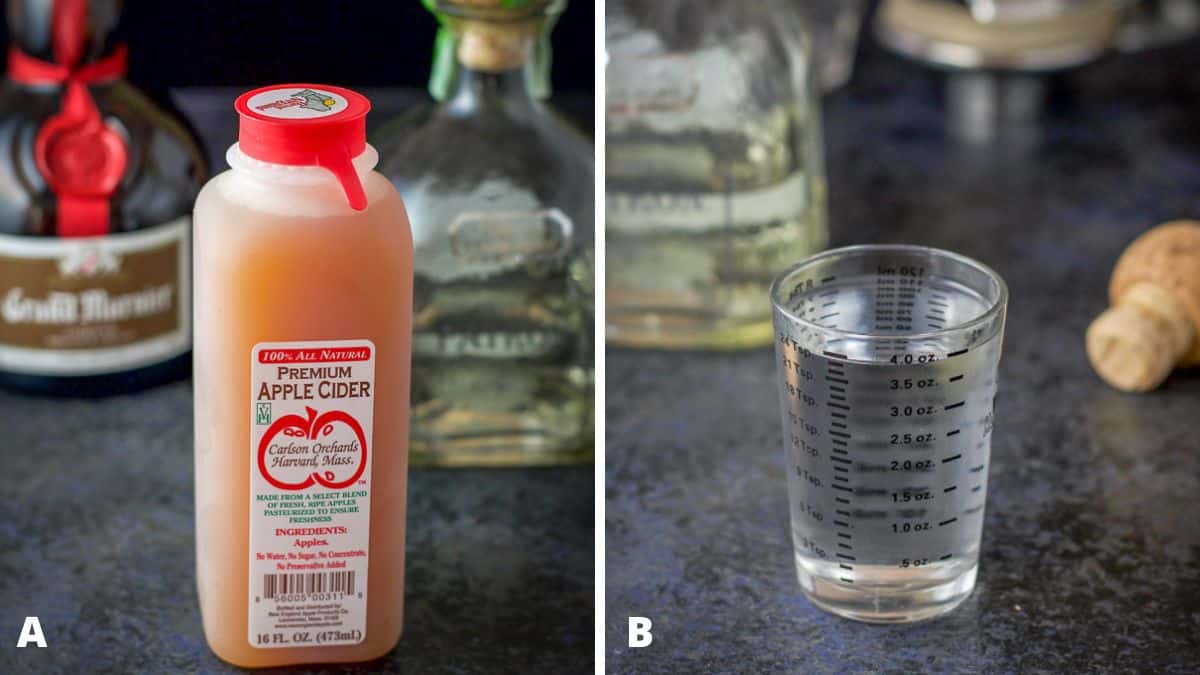 Left - Apple cider, tequila and Grand Marnier on a blue table. Right - tequila measured out