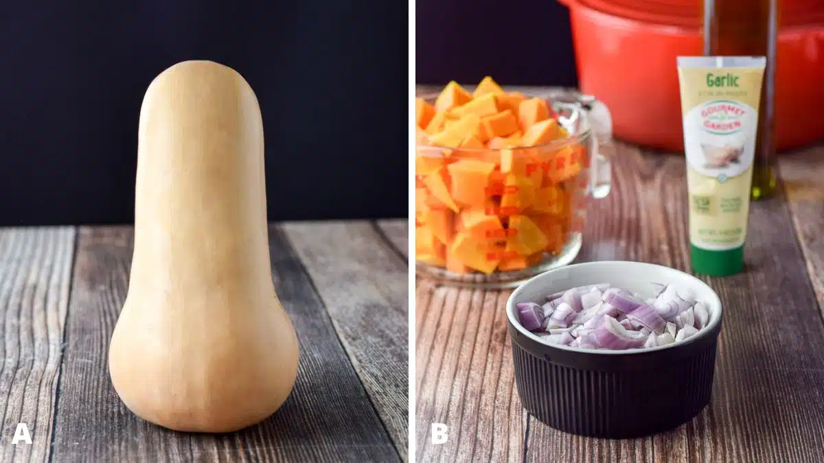 Left - A single squash standing proud and alone on a table. Right - onion, squash, garlic, and oil