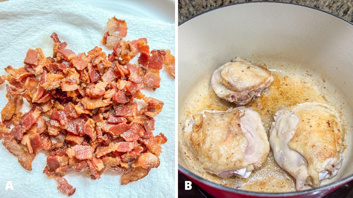 Left - bacon cooked and blotted with a paper towel. Right - a pan with seared chicken thighs in it
