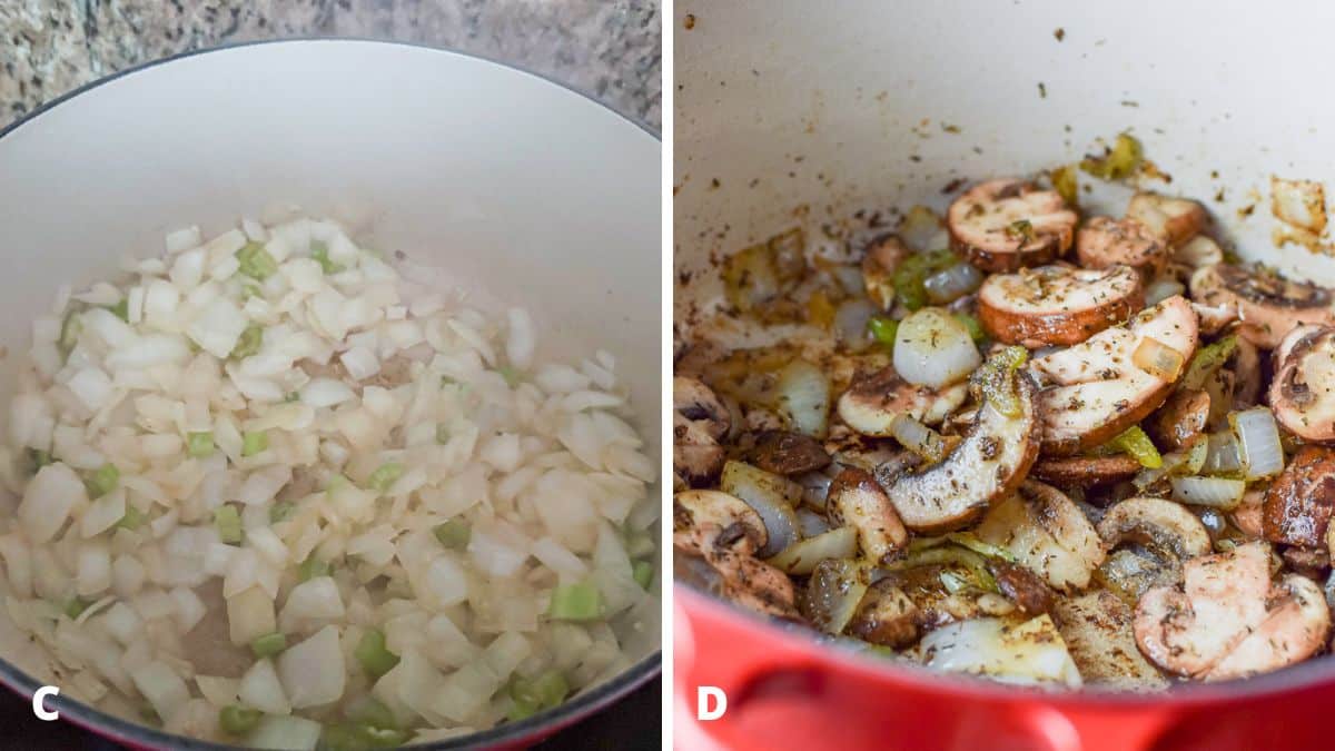 Left - chopped onion and celery in a pan. Right - mushrooms, garlic, herbs, and spices in a pan