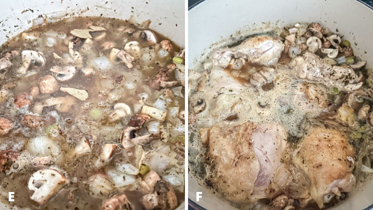 Left - the liquids added to the veggies. Right - the chicken added back to the pan