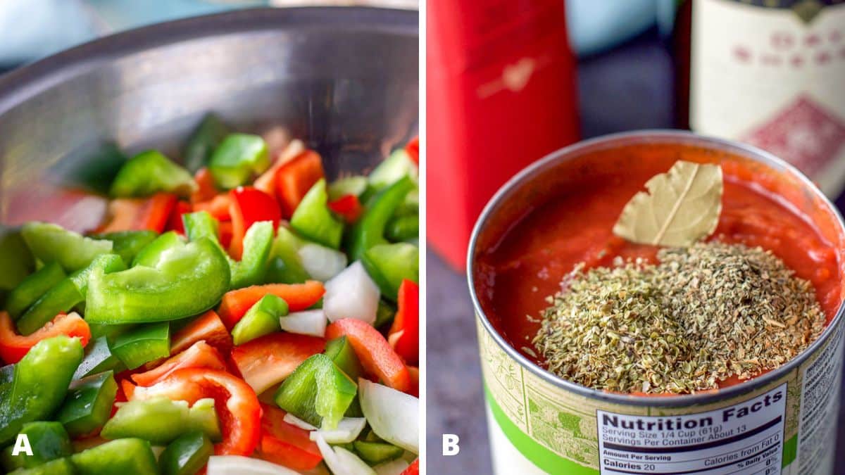 Left - Cut up onions and peppers in a metal bowl. Right - Crushed tomatoes in the can with herbs and bay leaf with broth, sherry and garlic