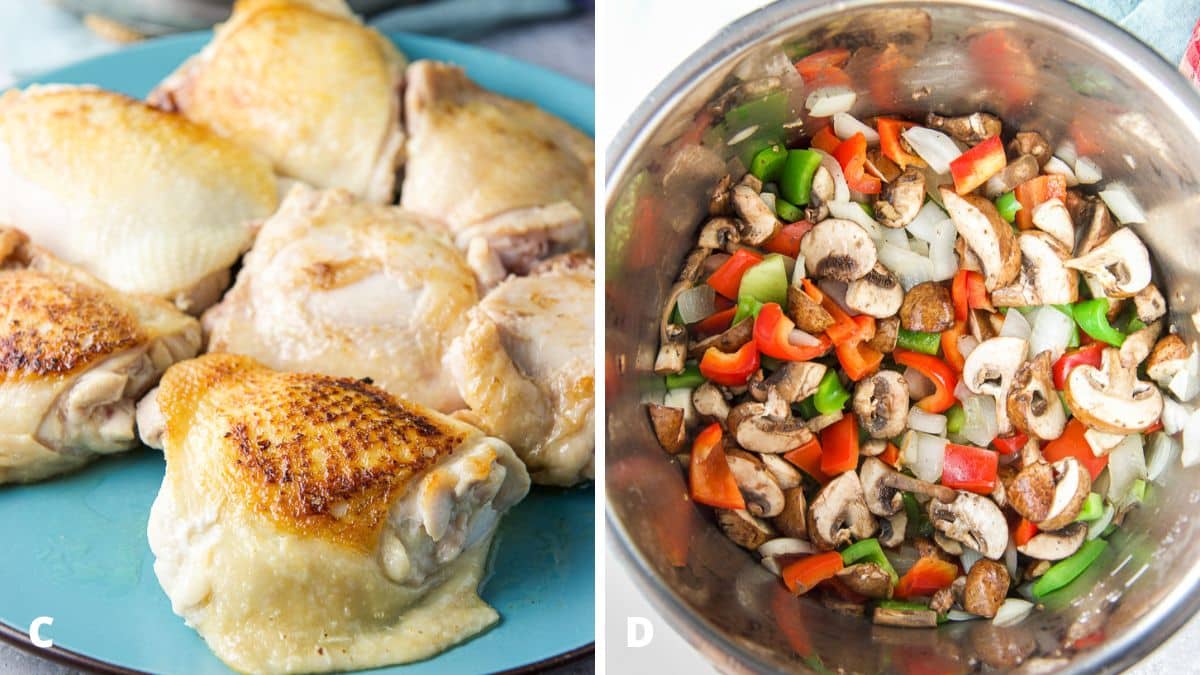 Left - chicken thighs browned and on a plate. Right - onion, pepper and mushrooms in the pan