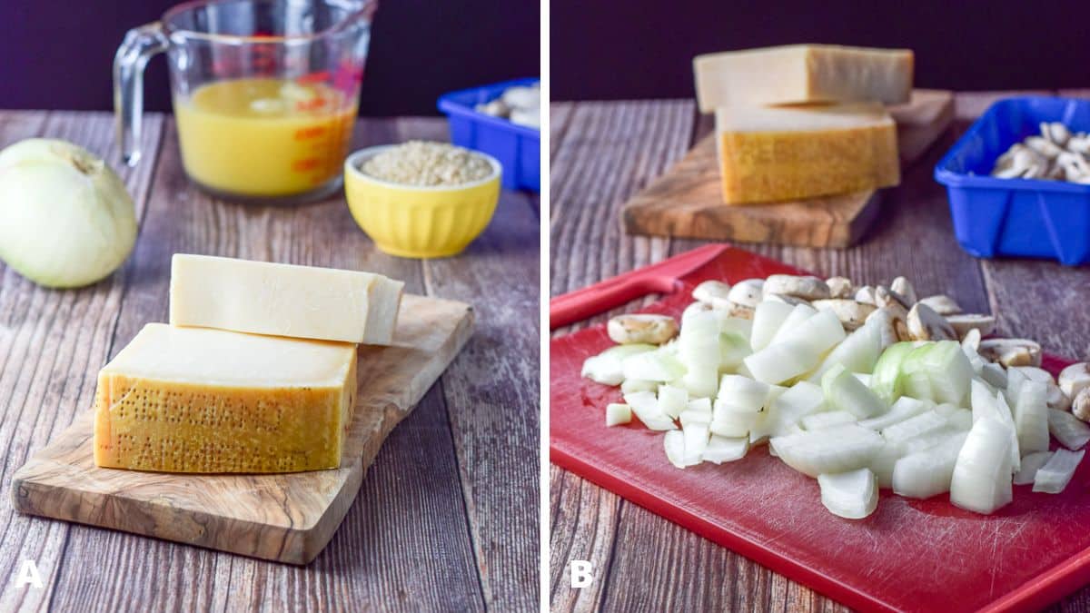 Left - parmesan cheese with an onion, chicken broth, rice and mushrooms. Right - Cut up onion and mushrooms with reggiano parmigiano cheese