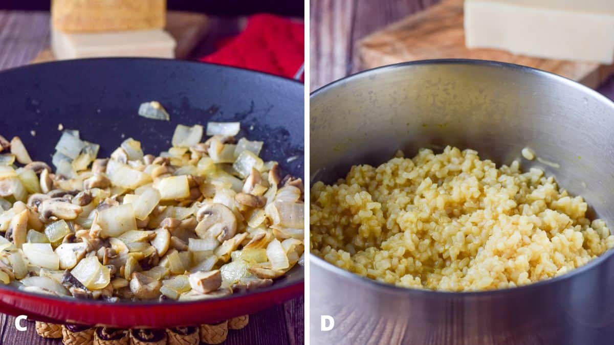 Left - Saut&eacute;ed mushrooms and onion in a wok with cheese. Right - Rice cooked in chicken broth in a saucepan