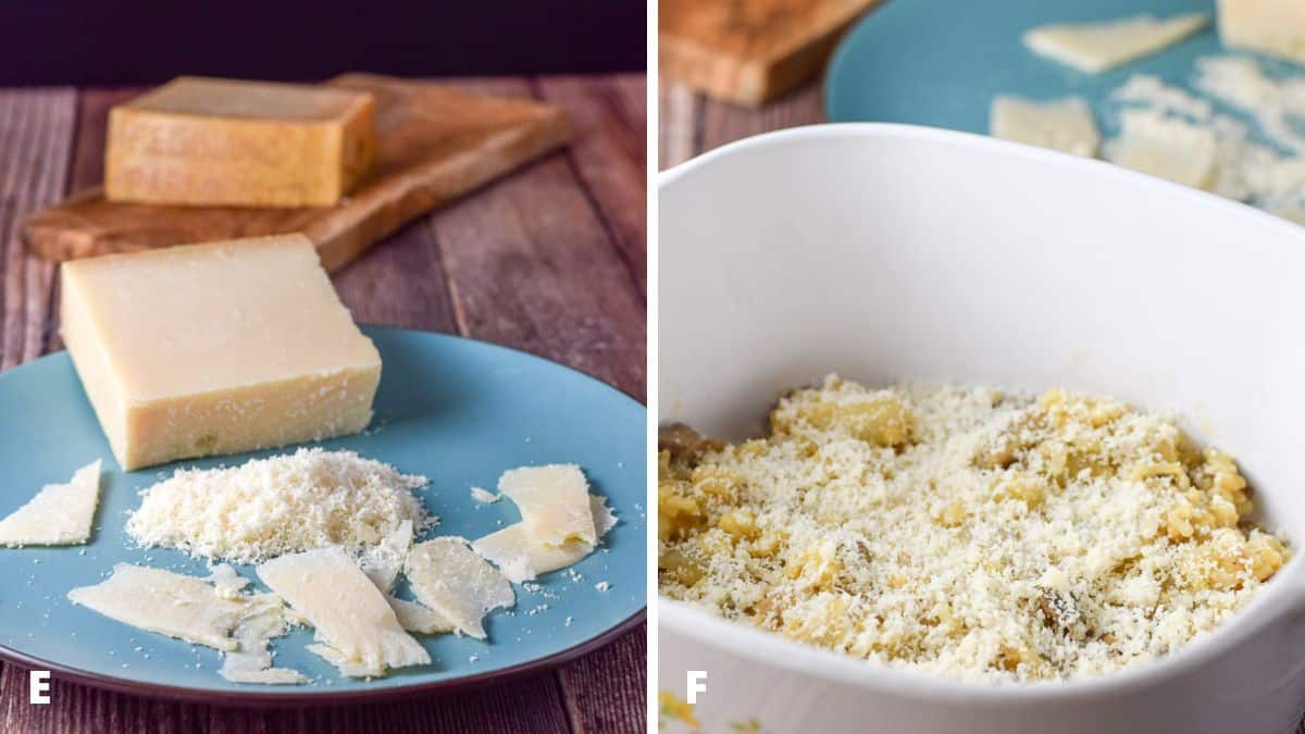 Left - Shaved and freshly grated parmigiano cheese on a blue plate. Right - A layer of rice with the grated cheese on top in the casserole dish