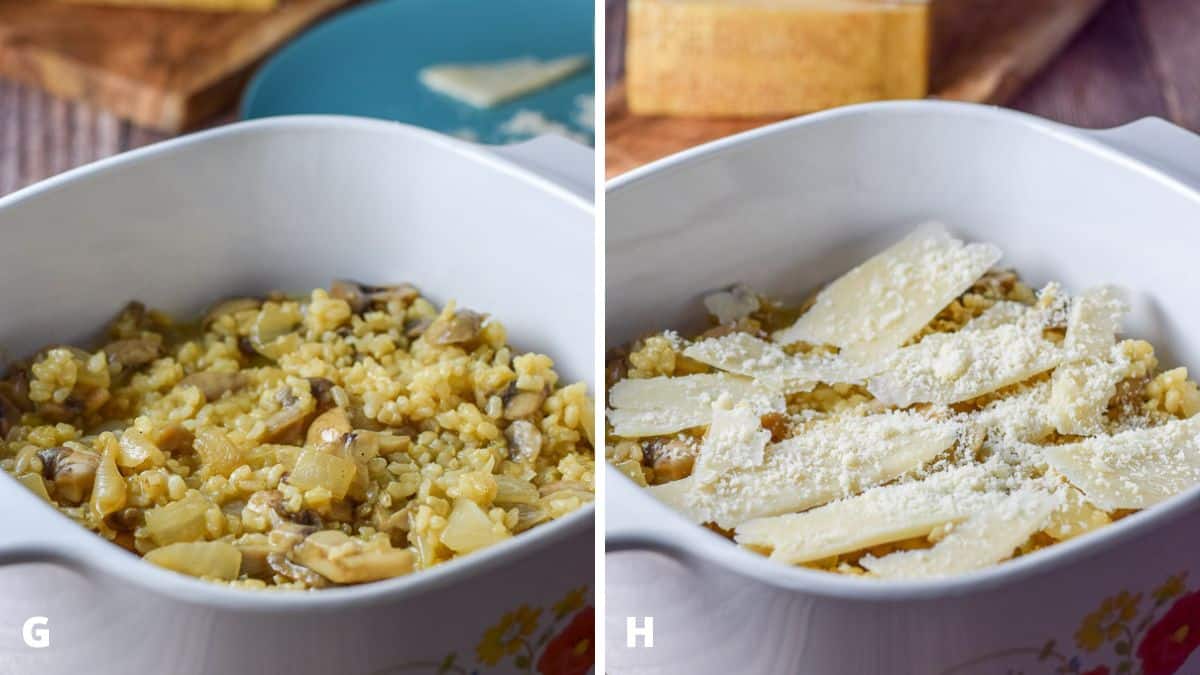 Left - Rice on top of the layer in the casserole dish. Right - Layer of shaved Reggiano Parmigiano cheese and freshly grated cheese on top of the rice