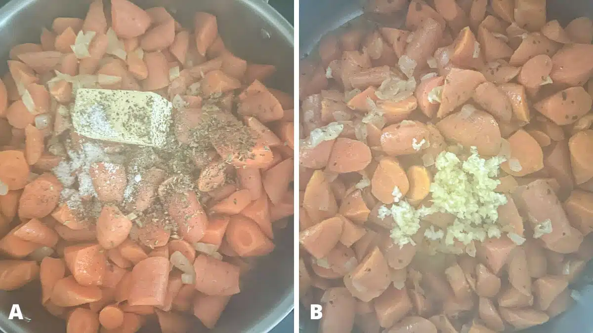 Left - butter, salt, and herbs in a pan. Right - garlic on the carrot mixture