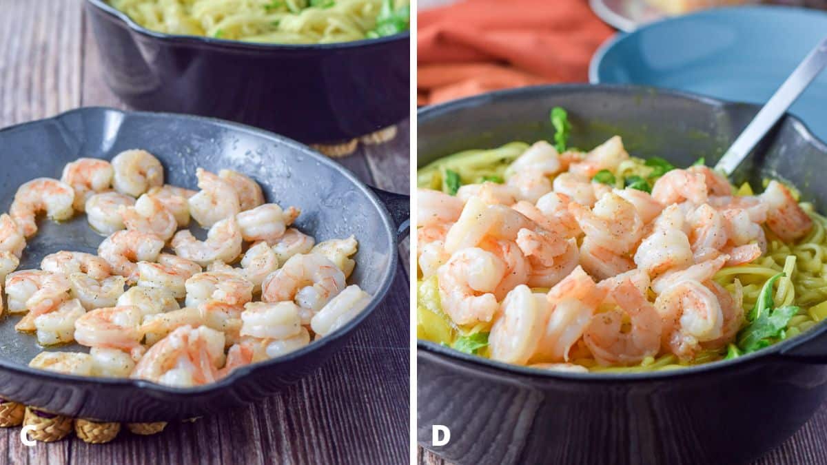Left - Shrimp saut&eacute;ed with ghee and pepper with noodles in a pan in the background. Right - Shrimp piled on the noodles in a pan with a plate, roll and salad in the background