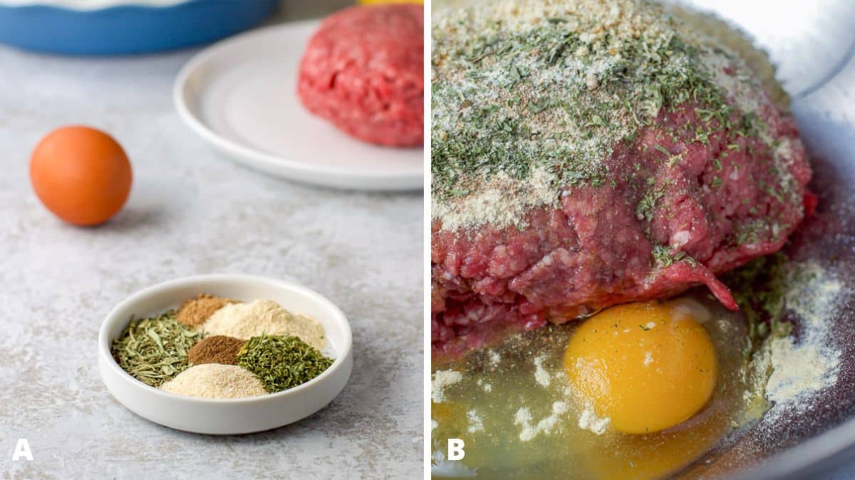 Left - herbs and spices, egg, and ground beef. Right - the beef with all the ingredients to make meatballs