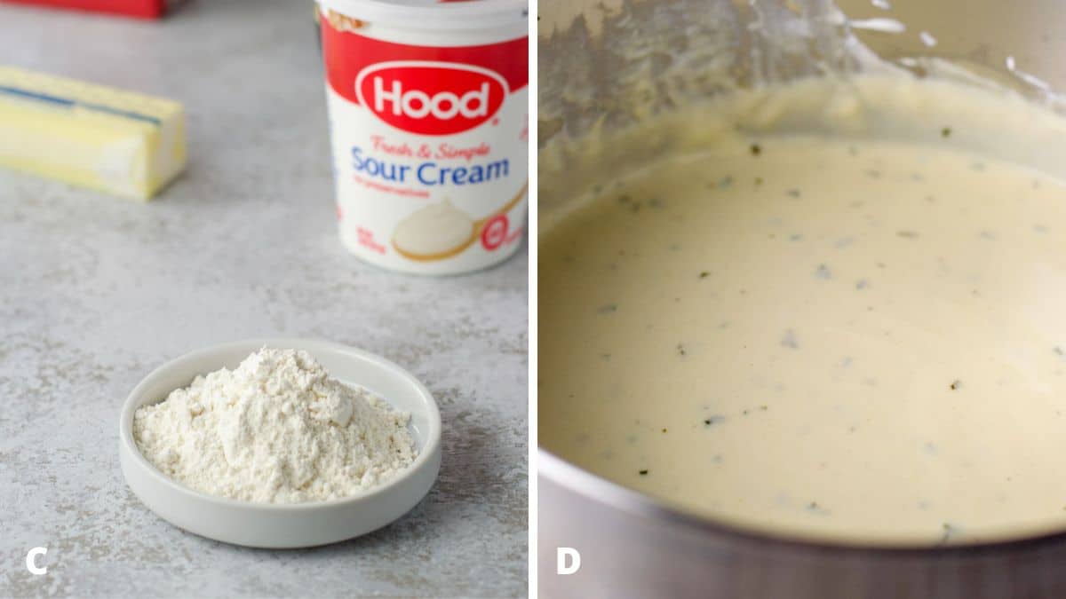 Left - flour, sour cream, butter, and broth. Right - a pan with the sour cream sauce made