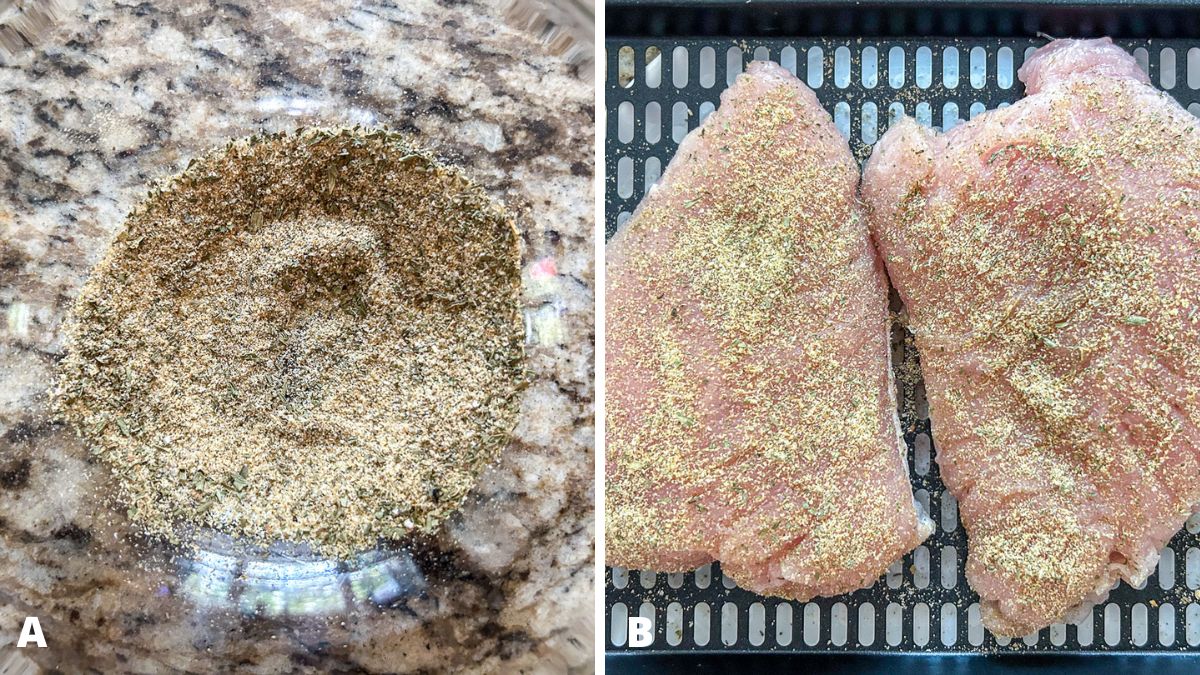 Herbs and spices in a white bowl and then sprinkled on turkey tenderloins