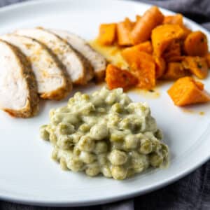 A square photo of a white plate with peas, meat, and carrots on it