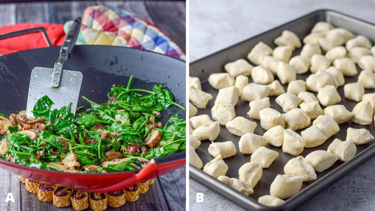 Left - Spinach, pancetta and mushrooms sautéed in a red wok with a spatula in it. Right - a tray with raw gnocchi in it