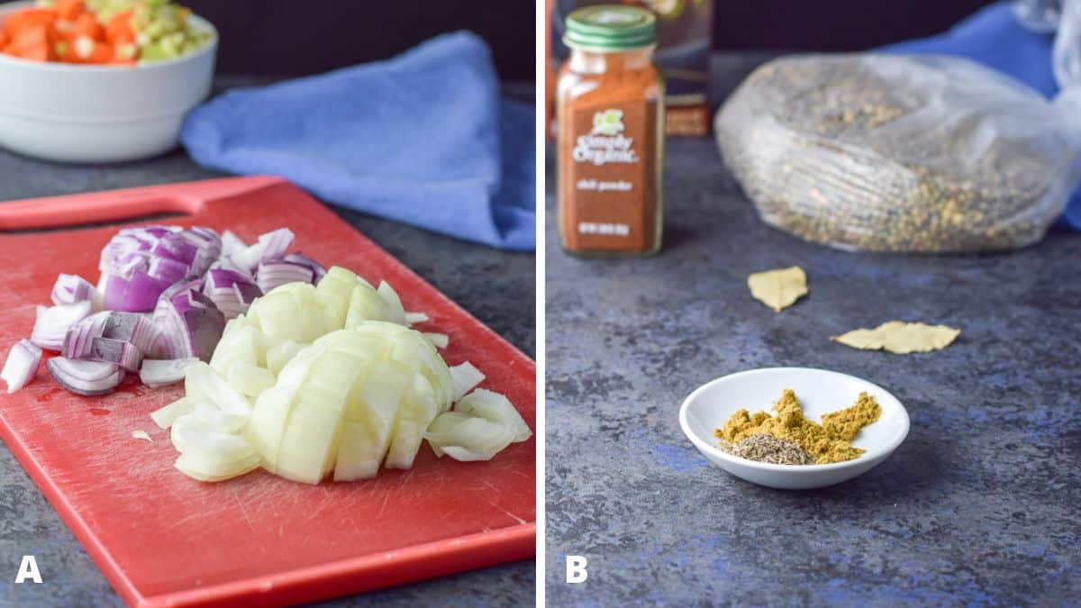 Veggies cut up on the left and herbs and spices on the right