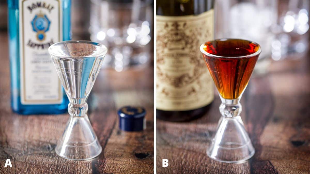Gin and sweet vermouth measured out