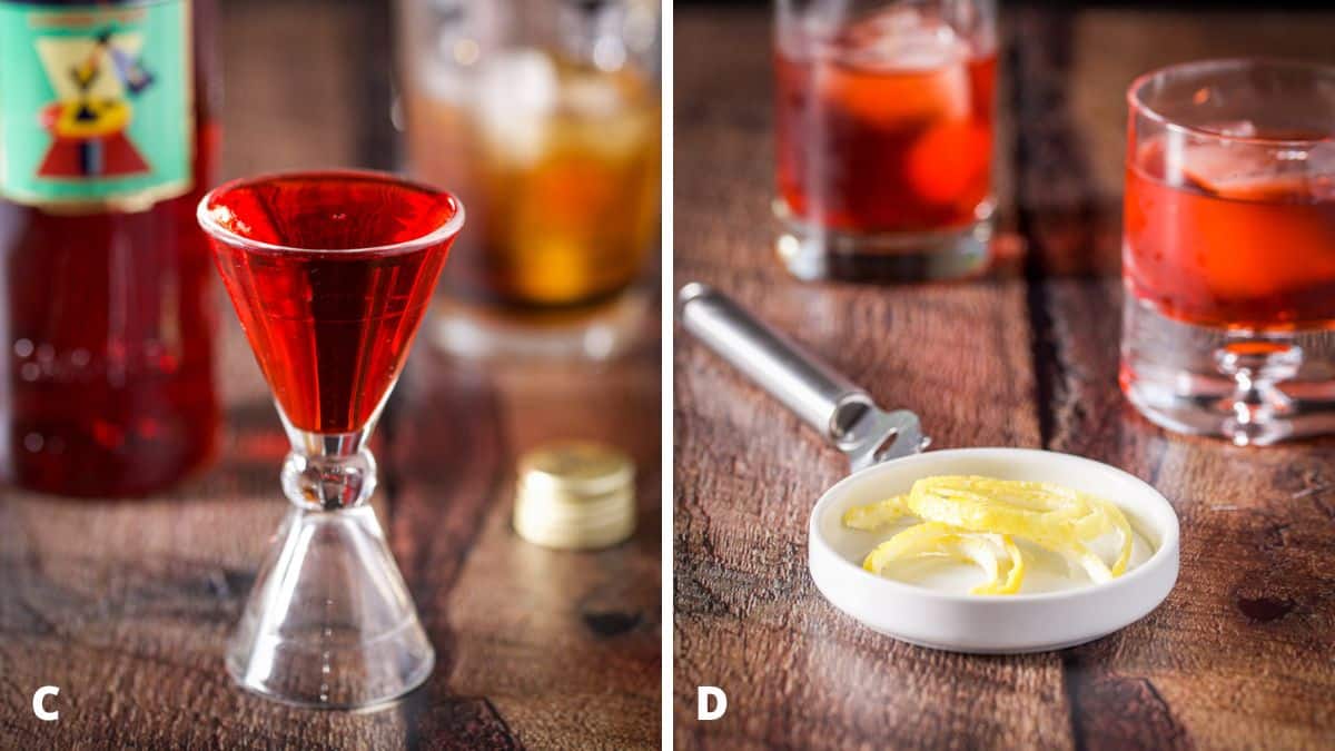 Campari measured out and lemon twists in a white dish