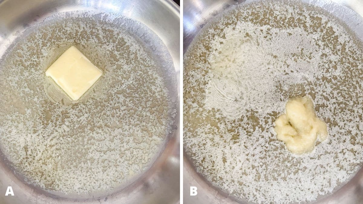 Left - butter melting in a pan. Right - garlic paste added to the butter