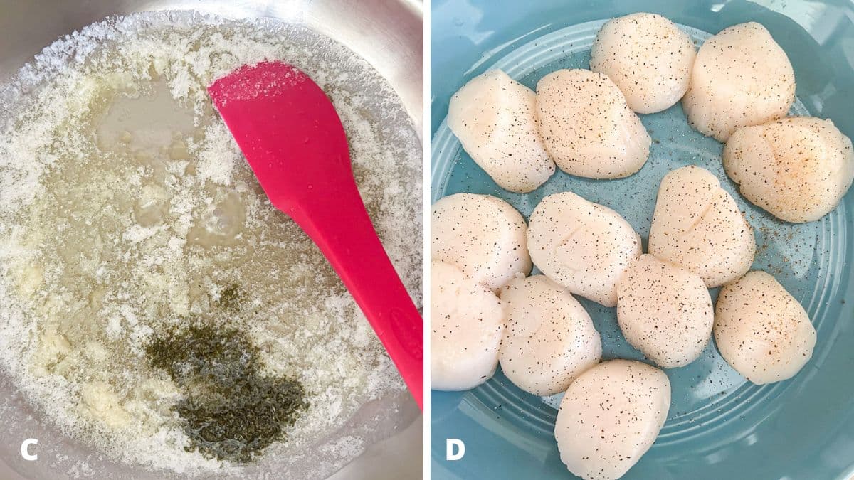Left - parsley added to the garlic butter. Right - raw seasoned scallops in a deep dish