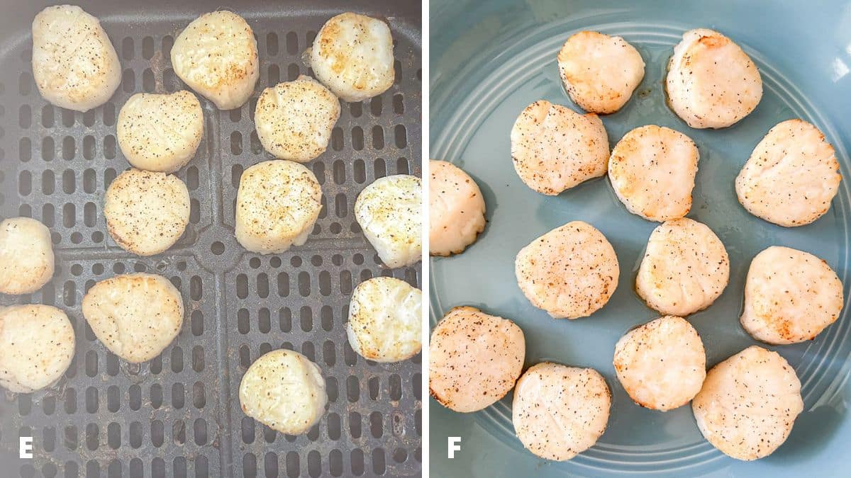 Left - scallops flipped in the air fryer. Right - The scallops are done and in a deep dish