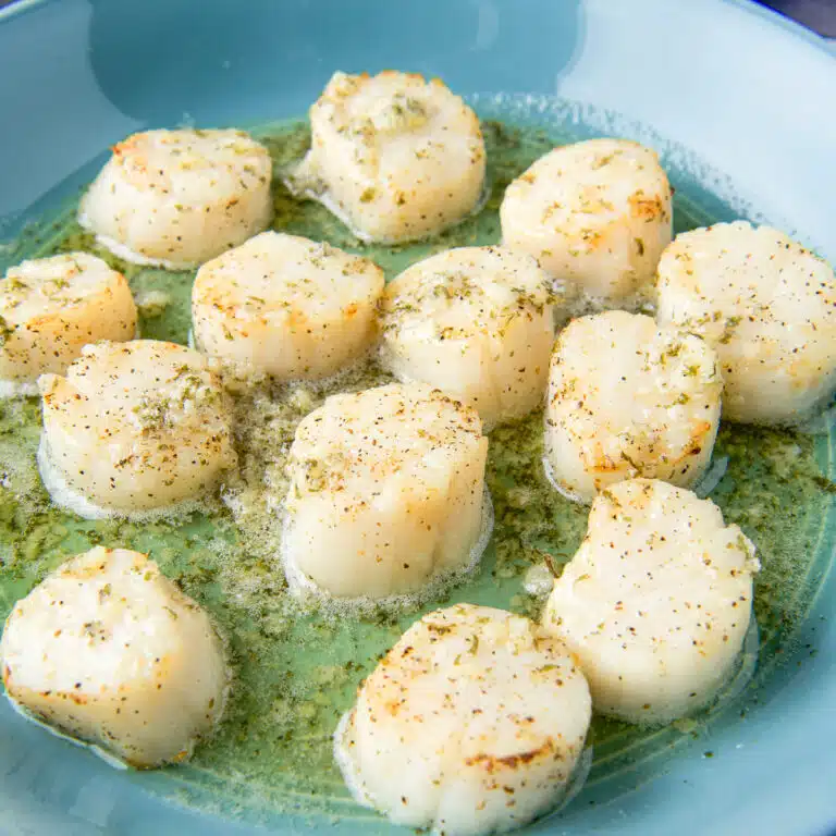 A green deep dish with scallops and butter sauce