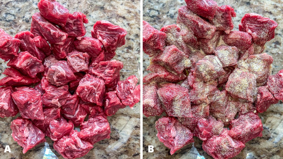 Steak tips in a glass bowl and then spices sprinkled on them