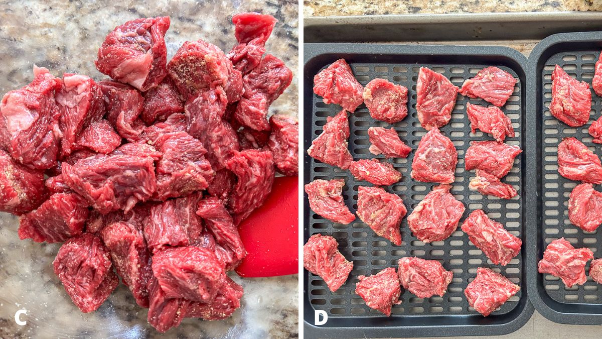 the steak and spices mixed and then place on air fryer trays