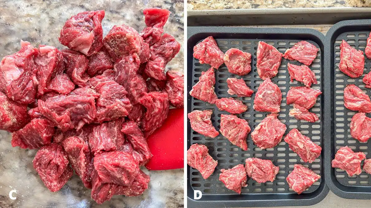 the steak and spices mixed and then place on air fryer trays