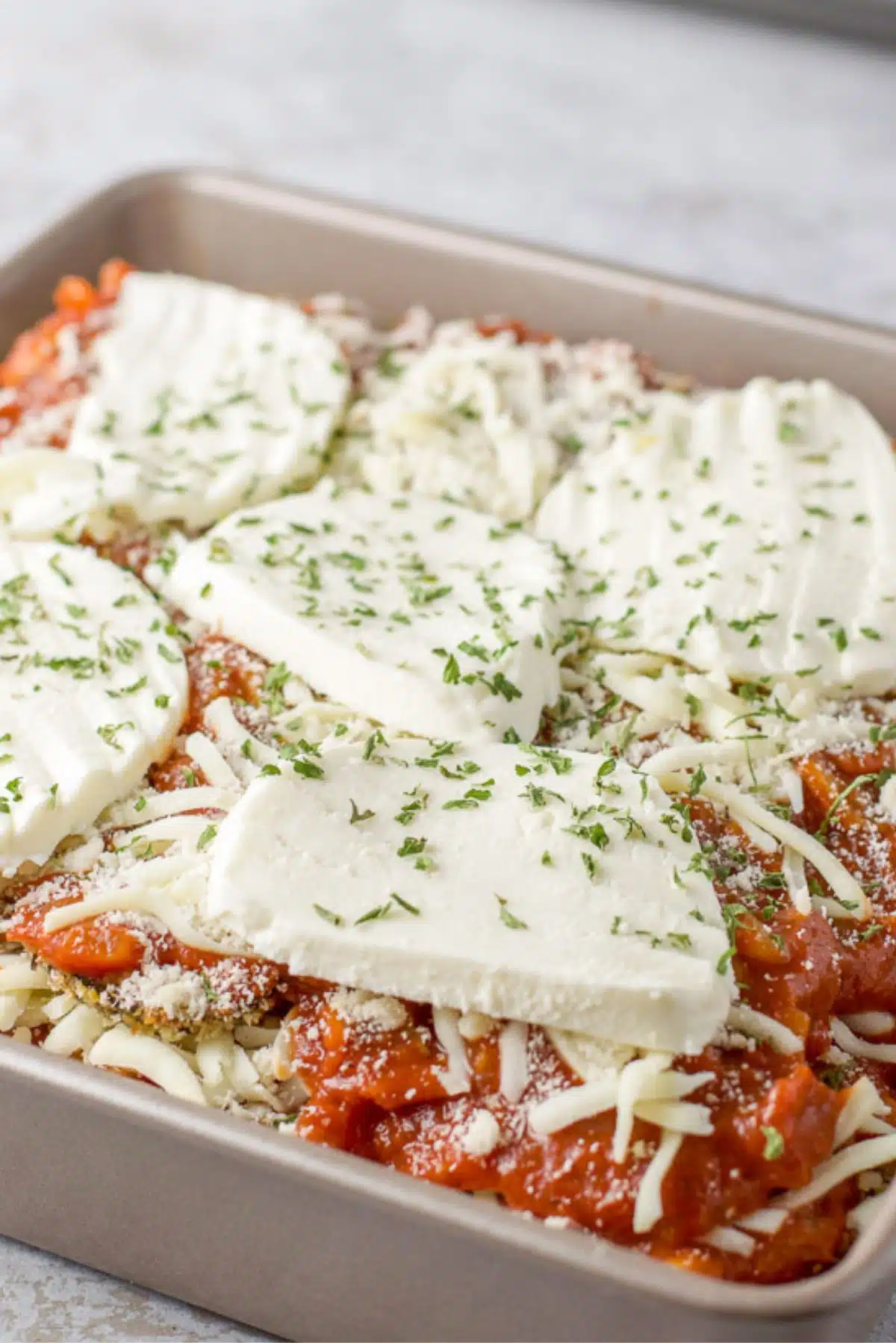 Thick slices of mozzarella on the unbaked parmesan