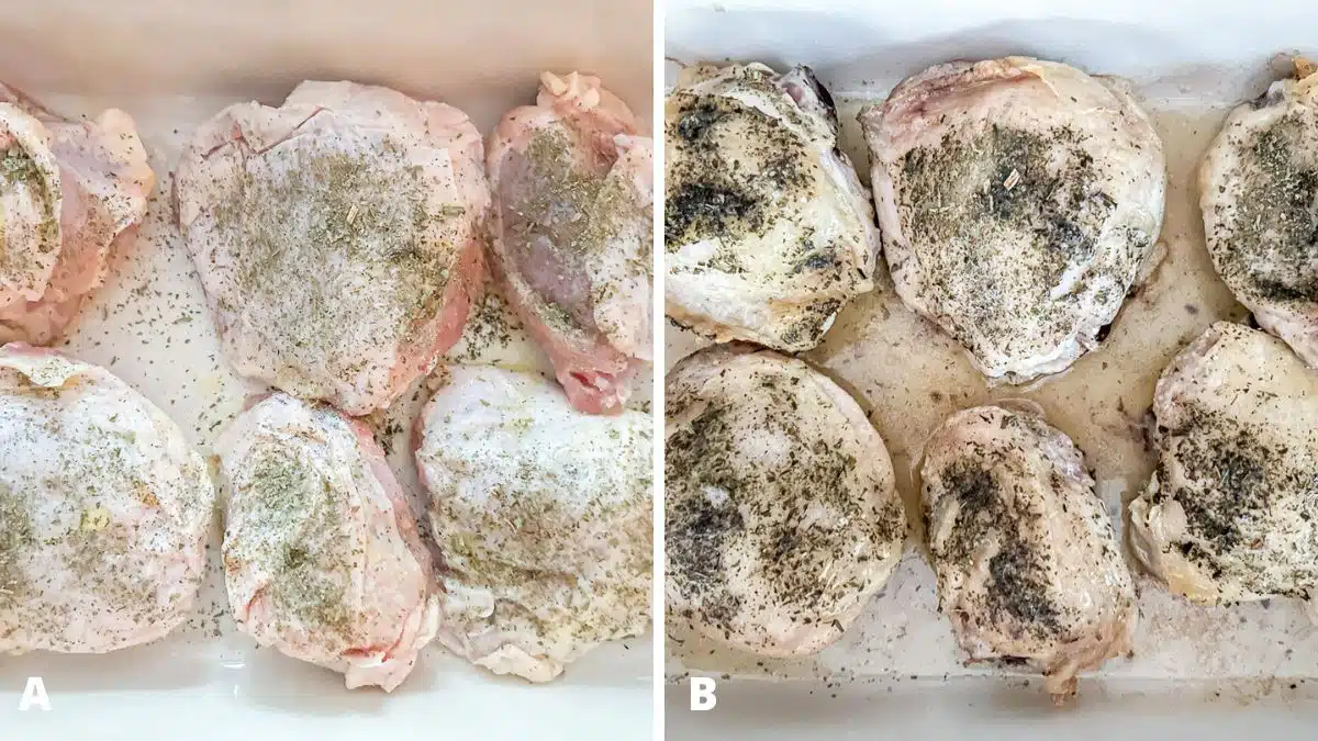 Left - raw thighs in a baking dish with oil and herbs and spices. Right - the cooked chicken out of the oven