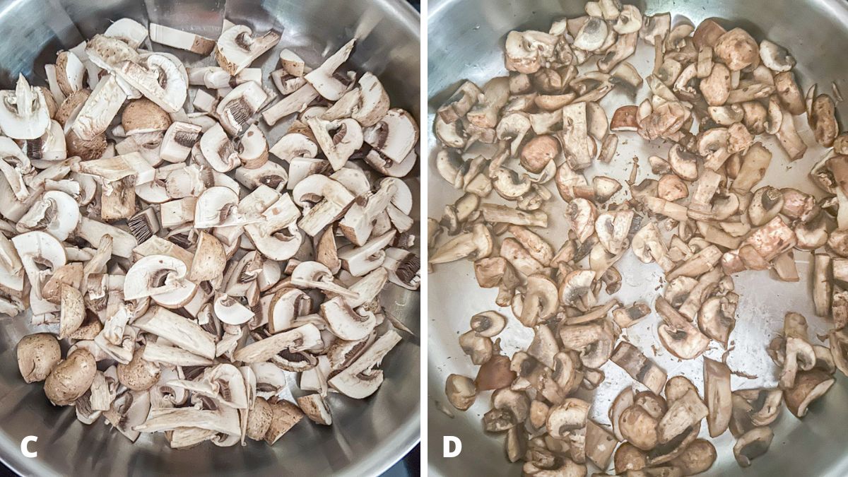 On the left, mushrooms in a pan and then cooked on the right