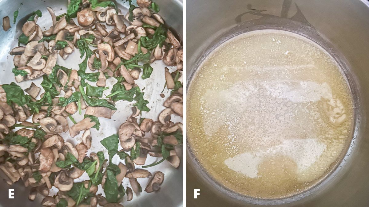 Left - spinach added to the mushrooms and cooked. Right - melted butter in a saucepan