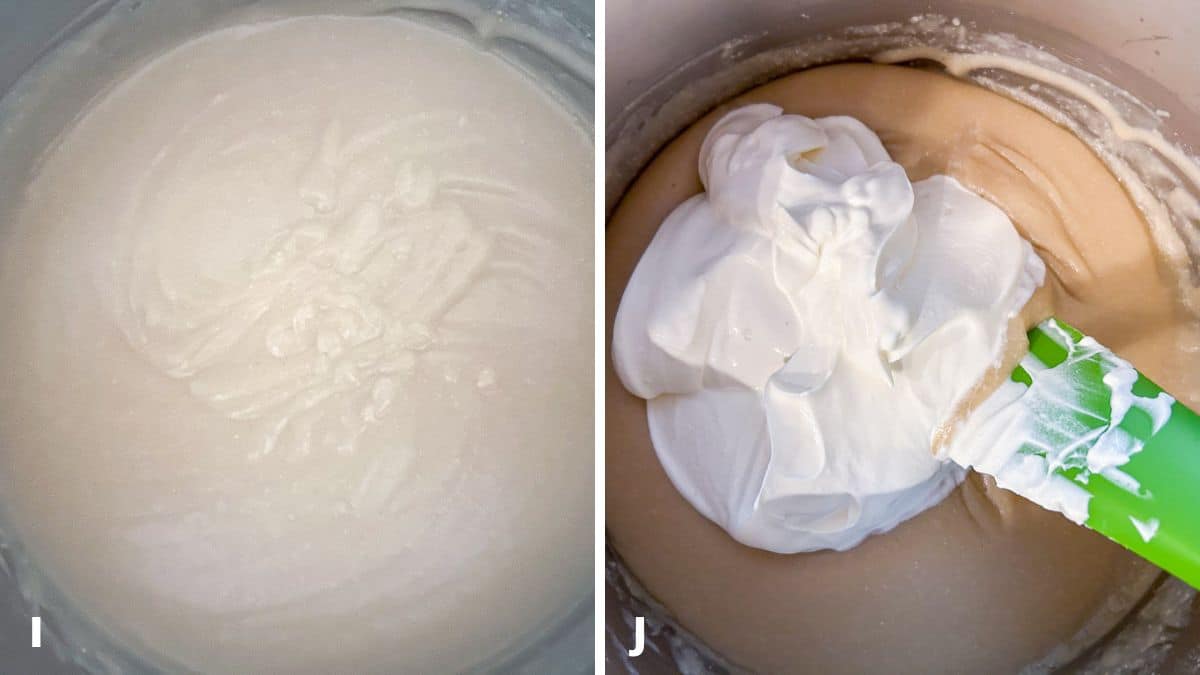 Left - the broth added to the pan and mixed together. Right - sour cream added to the mixture