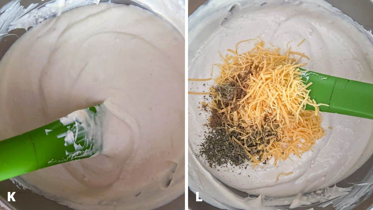 Left - sour cream mixed in the sauce. Right - herbs, spices, and cheese added to the sauce