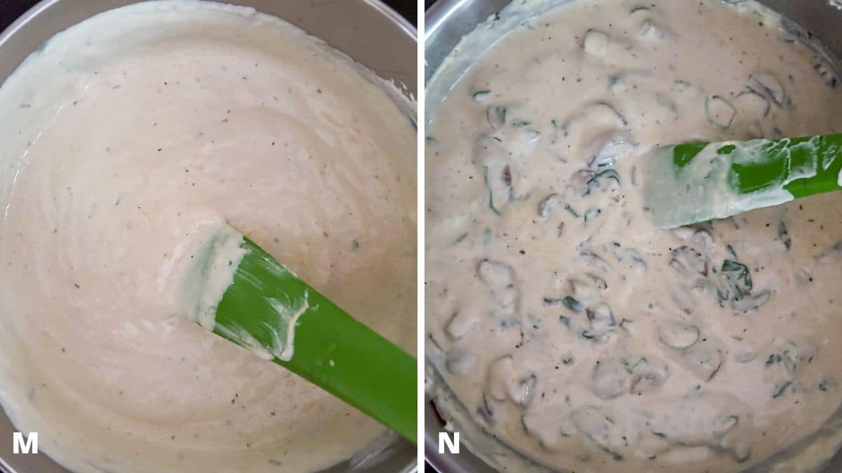 Left - the cheese melted in the sauce. Right - the sauce added to the mushrooms and spinach