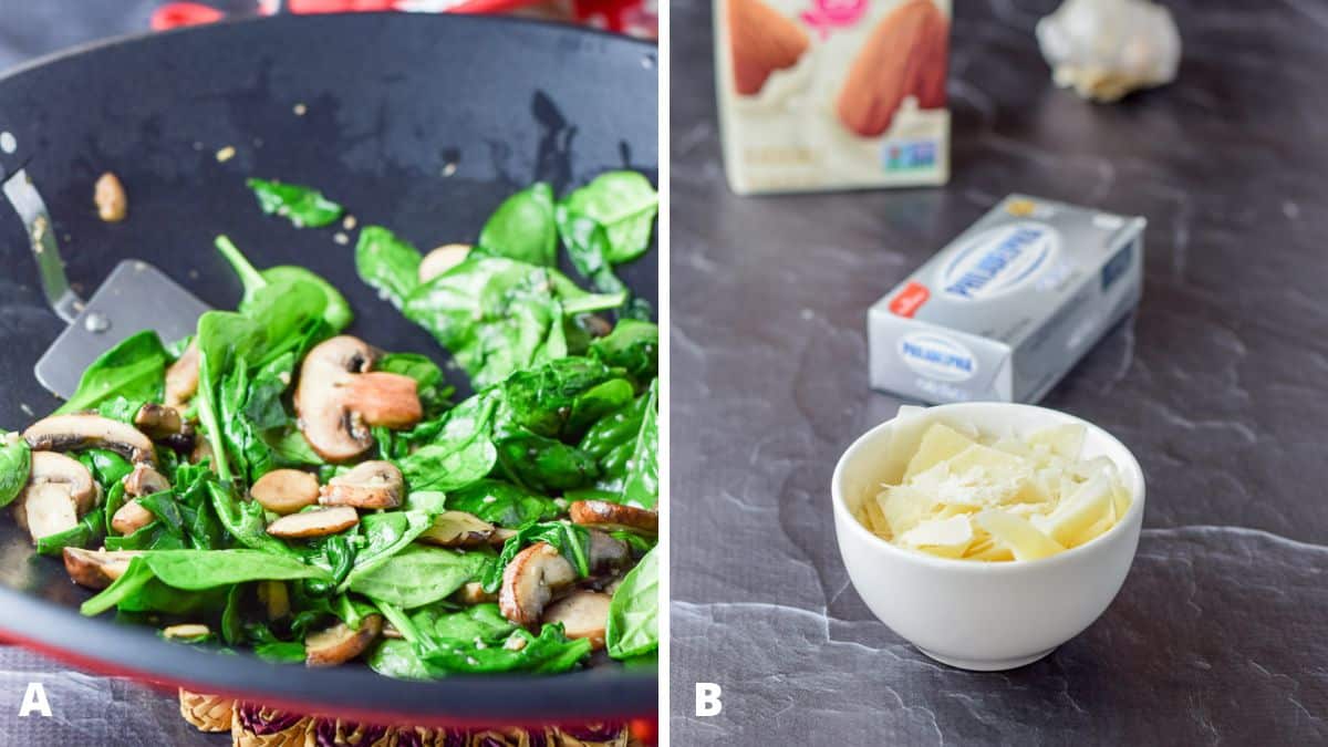 Left - Spinach and mushroom saut&eacute;ed in a wok. Right - Slivered parmesan cheese in a bowl, cream cheese, garlic and almond milk