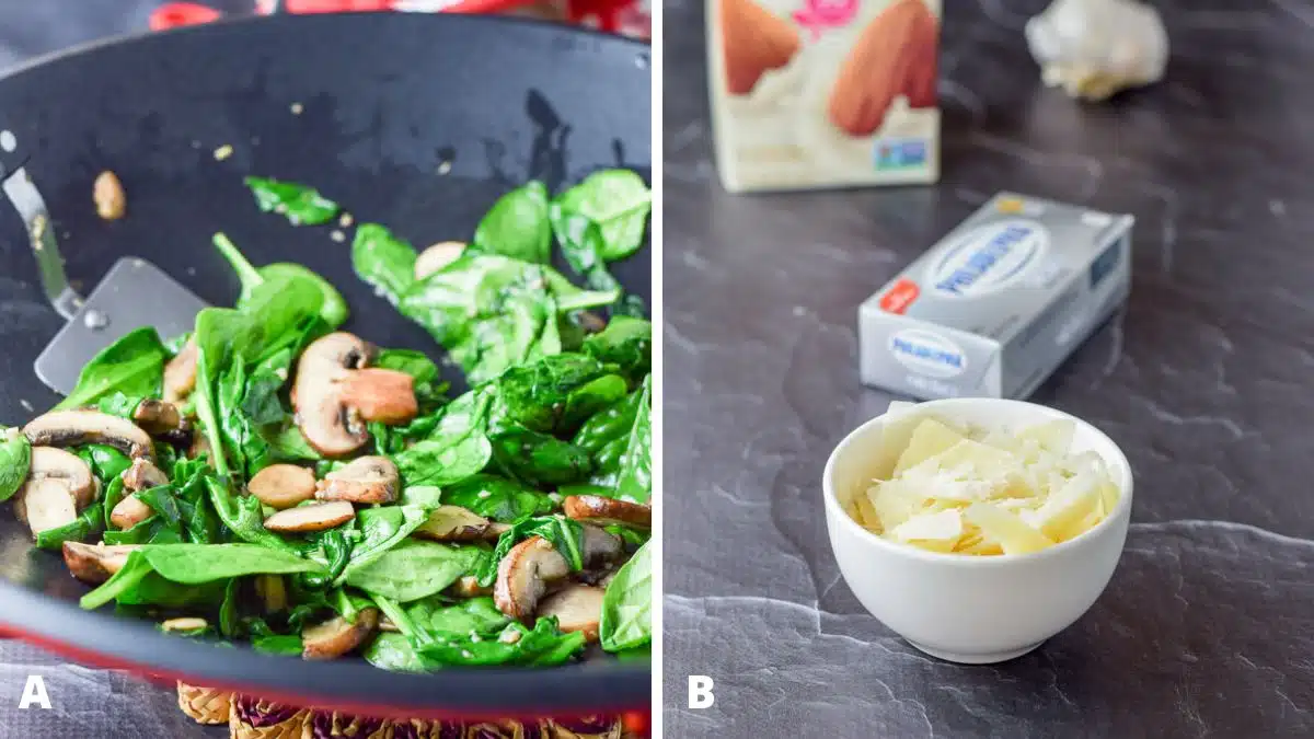 Left - Spinach and mushroom sautéed in a wok. Right - Slivered parmesan cheese in a bowl, cream cheese, garlic and almond milk