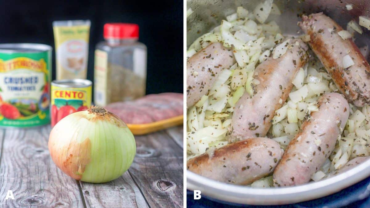Left - Onion, crushed tomatoes, tomato paste, garlic paste, oregano&nbsp;and basil on a grey table. Right - Sausages, onions and herbs saut&eacute;ed in the instant pot container