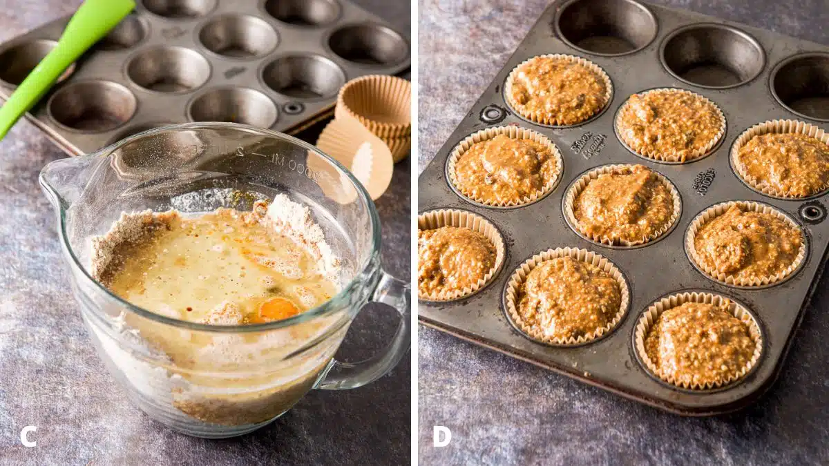The ingredients in a bowl and the batter in the muffin pans