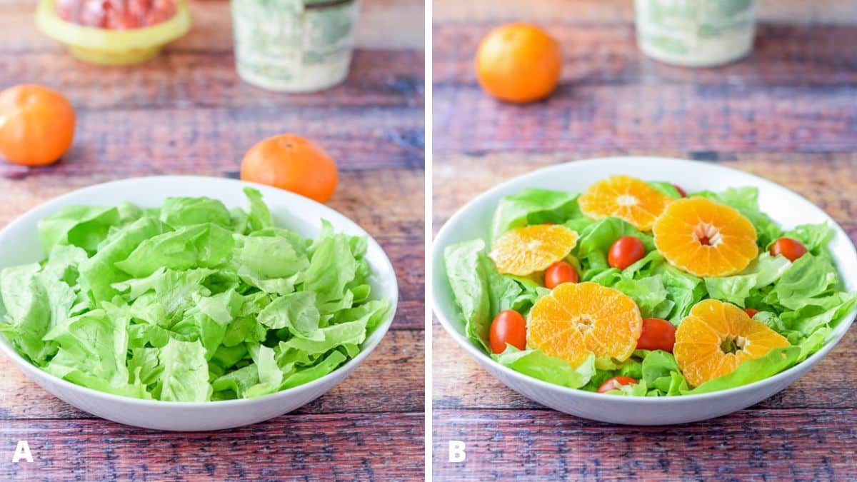 Left - Boston lettuce added to a shallow white bowl, with the oranges, tomatoes and cheese in the background. Right - sliced orange wheels and tomatoes on the lettuce