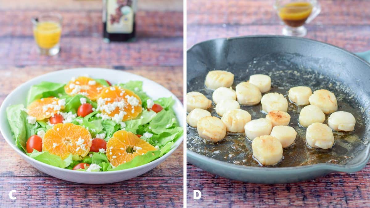 Left - Feta sprinkled on the salad with a small amount of orange juice, oil and vinegar in the background. Right - A green cast iron pan with scallops that have been seared. There is a little pitcher with dressing