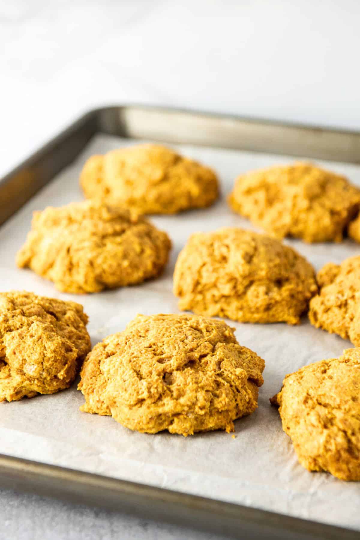 Biscuits straight out of the oven but still on the jelly roll pan