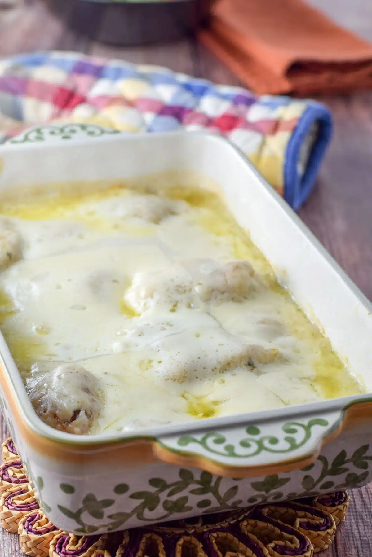 The Swiss cheese melted on the chicken in the baking dish right out of the oven