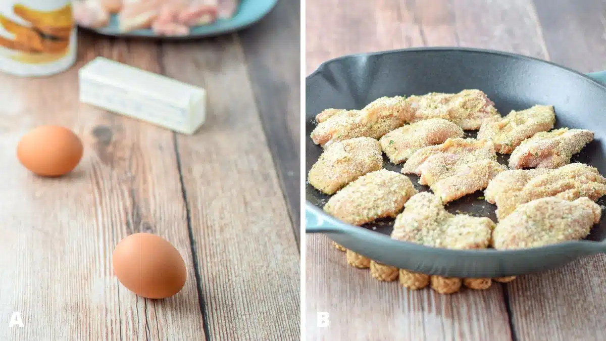 Left - Eggs, butter, bread crumbs and chicken on a blue platter. Right - Breaded raw chicken in a cast iron pan
