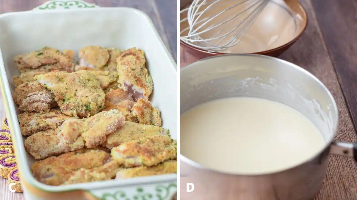Left - Chicken partially cooked and layered in a baking dish. Right - Cream sauce in a saucepan and a bowl with a whisk on it